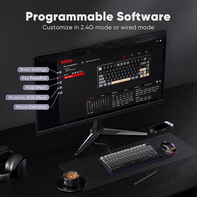 RedThunder K75 Wireless Mechanical Gaming Keyboard 75% Hot Swappable Creamy Keyboard with Knob RGB Backlit Pre-lubed Linear Switches Side Engraved PBT Keycaps Wireless/Wired/BT5.0 Gradient Gray