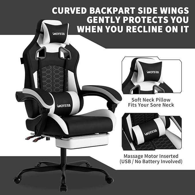 Gaming Chair with MassageErgonomic PC Gaming Chair with Footrest Comfortable Headrest and Lumbar SupportHigh Back PVC Leather300LBS (Black White)