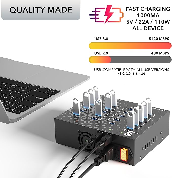20 - Port USB 3.0 Splitter Hub with Power Supply - High Speed Data Transfer for Desktop Laptop HDD PC - Expand and Speed Up to 5 Gbps 110W - Industrial Grade Hub Compatible with External Drives