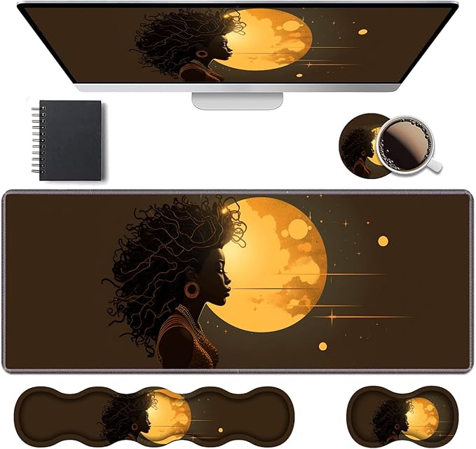 Ergonomic Keyboard Wrist Rest &amp Mouse Pad Wrist Rest Set Large XXL Gaming Desk Mat 31.5x 11.8 with Memory Foam Easy Typing Pain Relief for Office &amp Home African Girl