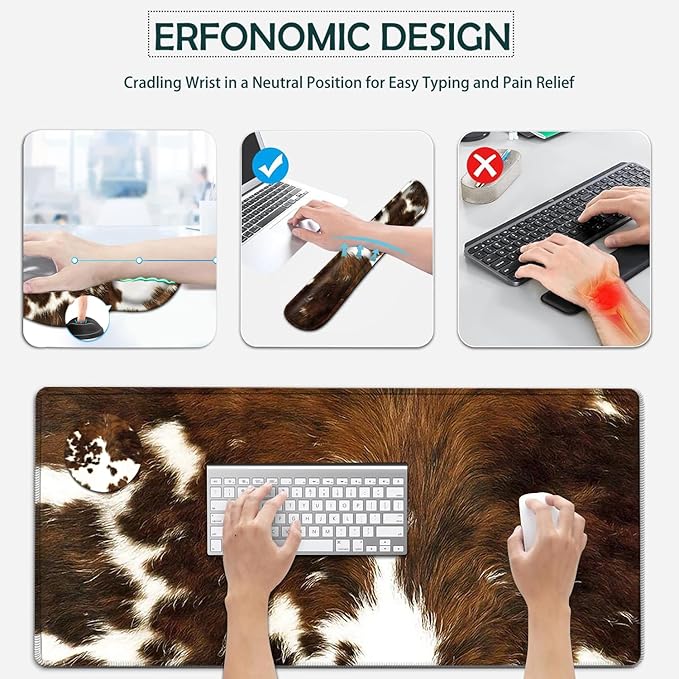 Large Mouse Pad Ergonomic Mouse Pad with Wrist Rest and Keyboard Wrist Rest 4 in 1 Set 31.5 x11.8 inch Extended Desk Pad for Home Office Faux Brown Cowhide Fur Pattern XXL Gaming Mouse Mat