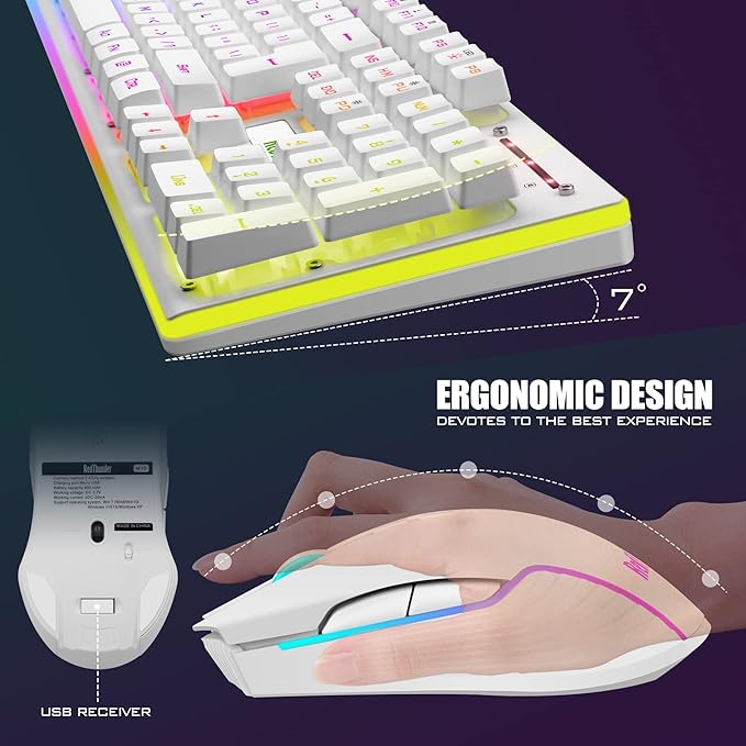 RedThunder K10 Wireless Gaming Keyboard and Mouse Combo LED Backlit Rechargeable 3800mAh Battery Mechanical Feel Anti-ghosting Keyboard + 7D 3200DPI Mice for PC Gamer (White)