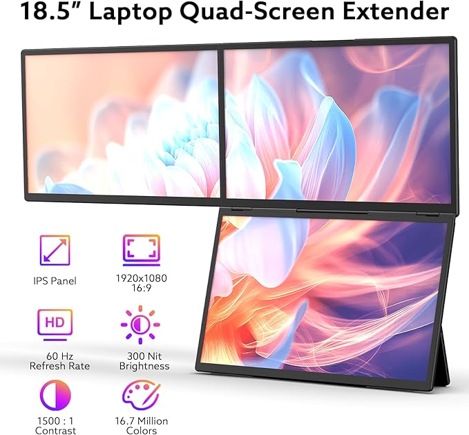 18.5'' Portable Triple Monitor One Cable Laptop Screen Extender FHD 1080P Quad Monitor Built-in Stand Compatible with Windows Mac Fits 10-17.3 Laptops(Driver Need)