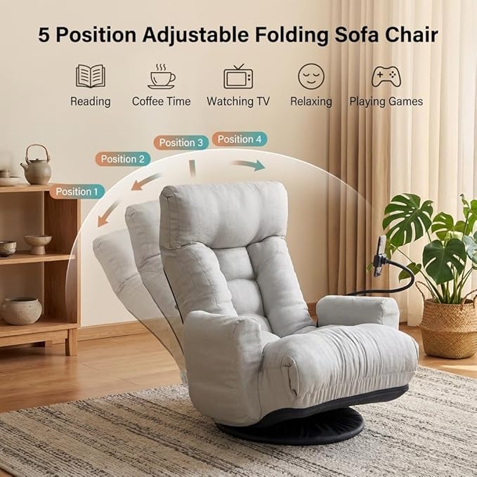 Gaming Chair Floor Sofa Gaming Lounge Chair with 14-Section Head &amp 3-Section Waist Adjustment 360° Swivel &amp Spring Seat for Gaming Napping Reading Dorm Small Apartment(Grey)