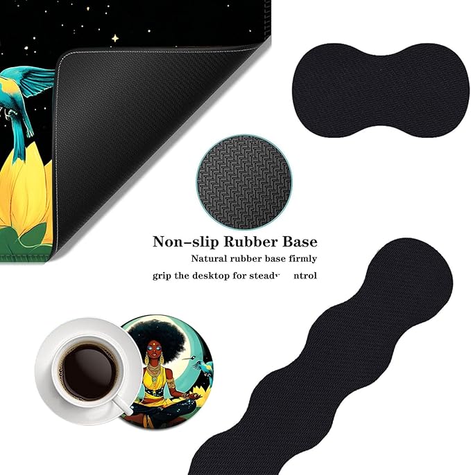 Mouse PadLarge Desk Mat Set 4in1 XL Mousepad + Keyboard Wrist Rest+Mouse Wrist Rest+Coaster with Ergonomic Desk Pad for Home Office Table Computer Cover -Woman on Lotus