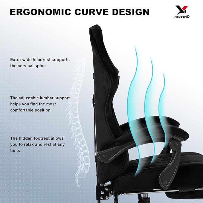 Gaming Chair with Footrest Ergonomic Computer Chair with Headrest &amp Lumbar Support Skin-Friendly Velvet Adjustable Height &amp Backrest Linked Armrest for Gamer Home Adults Office RestBlack