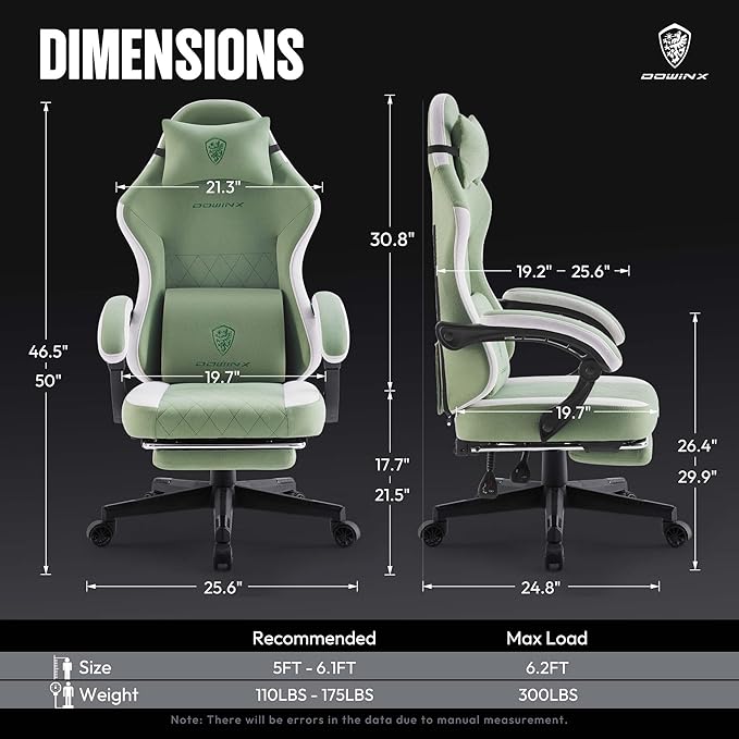 Dowinx Gaming Chair Fabric with Pocket Spring Cushion High Back Ergonomic Computer Chair with Footrest for Adults Massage Lumbar Support Swivel Game Chair for Office Gaming 300LBS Green
