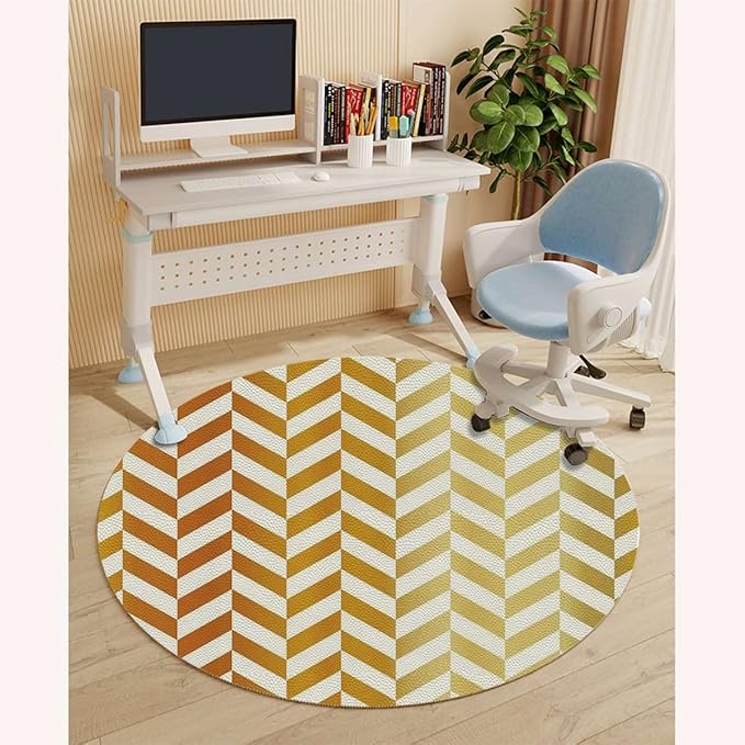 Yellow White PU Leather Office Chair Mat for Hardwood Floors Desk Carpet Retro Abstract Stripe of Triangles Geometry Anti-Slip Multi-Purpose Low Pile Computer Chair Mat Coral Diameter 55 in