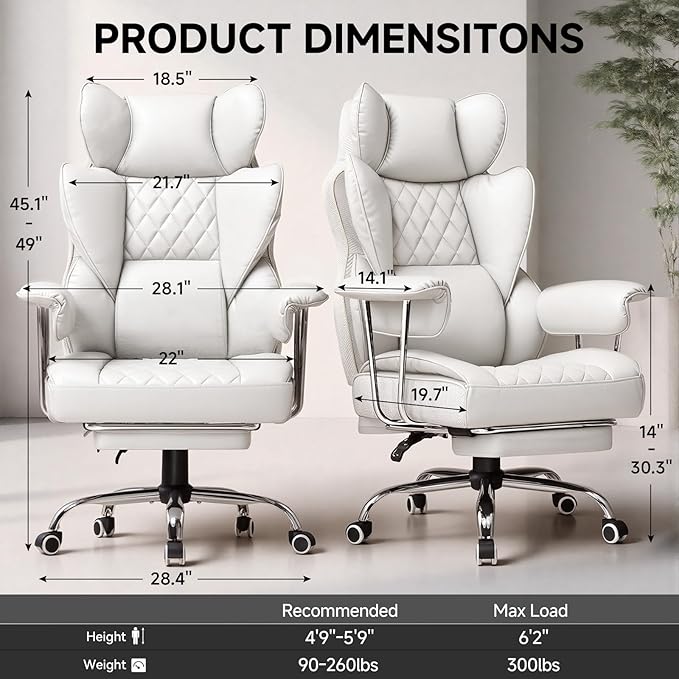 GTPLAYER Gaming ChairOffice Chair with Pocket Spring Lumbar Support Ergonomic Comfortable Wide Office Desk Computer Chair with Outward Fixed Soft Armrests and Footrest(PU Leather White)