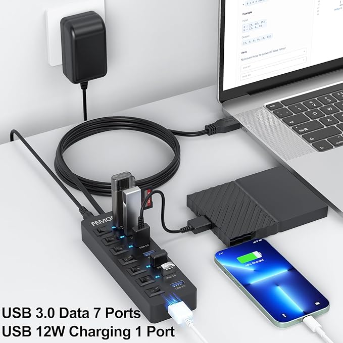 Powered USB Hub 3.0 5Gbps Data Transfer 7 Ports and 12W Charging-only 1 Port with 5V/3A Power Adapter 4Ft Long Cable &amp Individual Switches for Laptop PC Flash Drive External SSD HDD Keyboard Mous