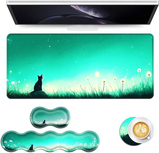 Keyboard Mouse Pad Set Extended Gaming Mouse Pad+Ergonomics Keyboard Wrist Rest Support Memory Foam Easy Typing Pain Relief 4Pcs XL Ultra Thick Desk MatCat in Dandelion Field