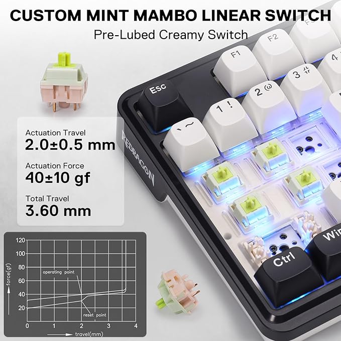 Redragon K745 PRO Wireless Gasket RGB Gaming Keyboard 108 Keys Mechanical Keyboard w/Extra 4 Hotkeys Hot-Swap South-Facing LED Socket 5-Layer Noise Dampening Round PBT Keycaps Mint Mambo Switch