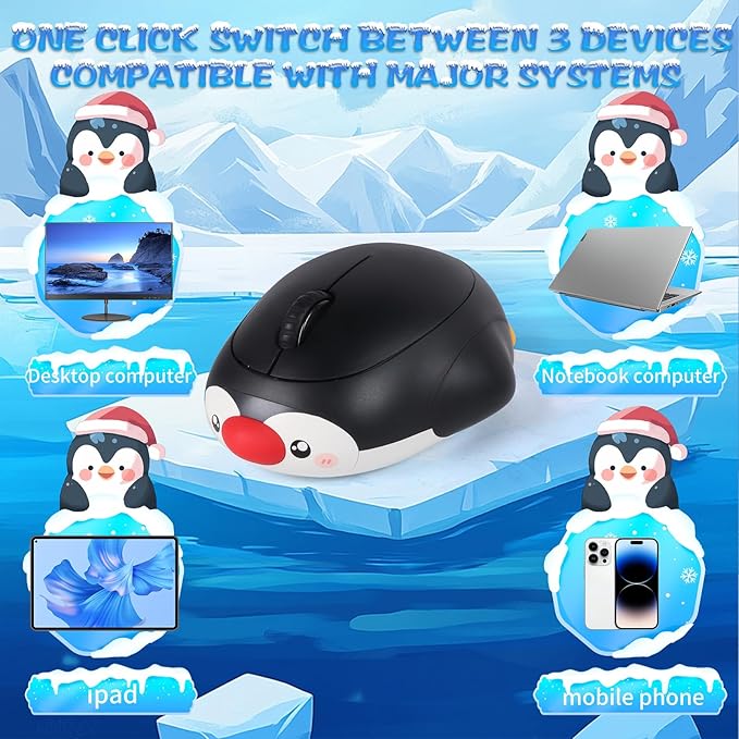 Cute Penguin Bluetooth Wireless Mouse -RechargeableDual Mode Connection Silent Scroll Wheel 1600 DPI - Perfect for Laptops PCs and Tablets (Black)