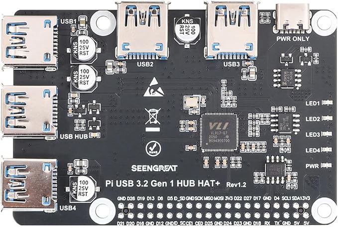 USB 3.2 Gen1 HUB HAT+ for Raspberry Pi 4-Port USB 3.0 Expansion Board with Type-C Power Supply Onboard EEPROM Plug &amp Play USB Hub Adapter Compatible with USB 2.0/1.1 Devices