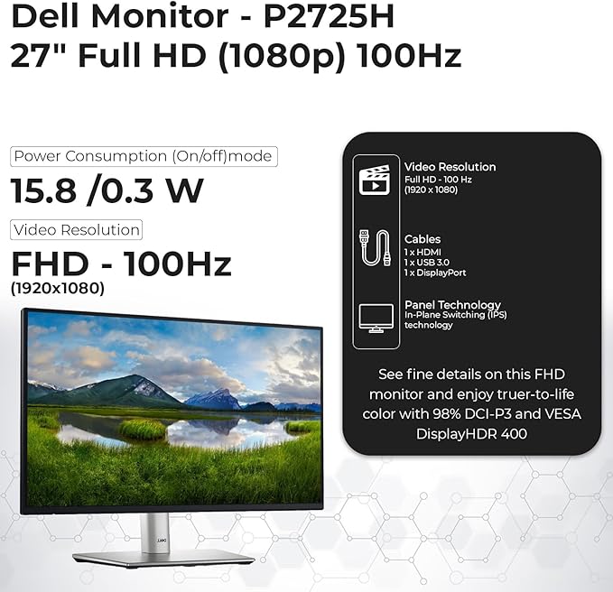 ANYHDD Dell P2725H 27 Full HD 1920 x 1080 Monitor - 1 Year Warranty Computer Monitor Screen Bundle with Power Cable USB 3.0 Upstream Cable DisplayPort + HDMI Cables + Cloth