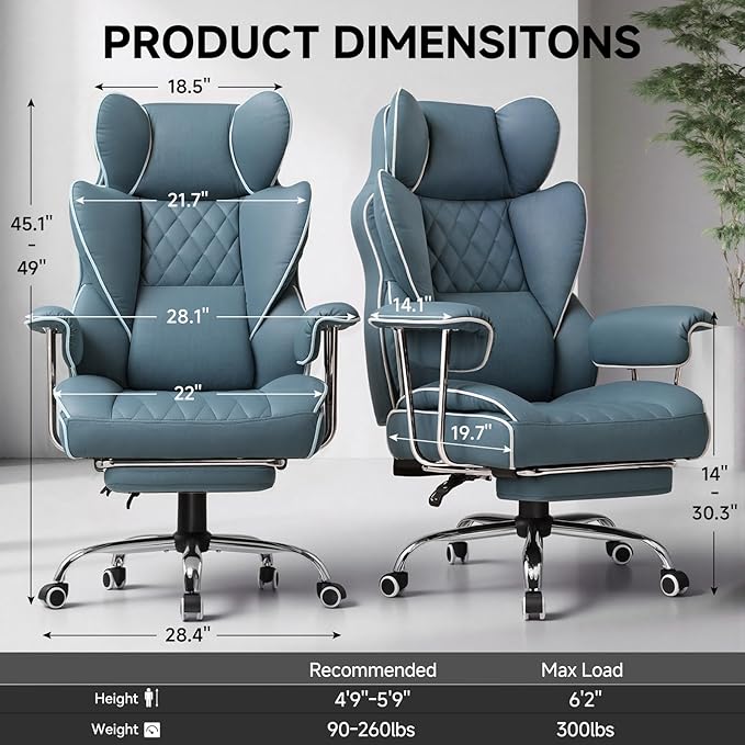 GTPLAYER Gaming ChairOffice Chair with Pocket Spring Lumbar Support Ergonomic Comfortable Wide Office Desk Computer Chair with Outward Fixed Soft Armrests and Footrest (Fabric Blue)