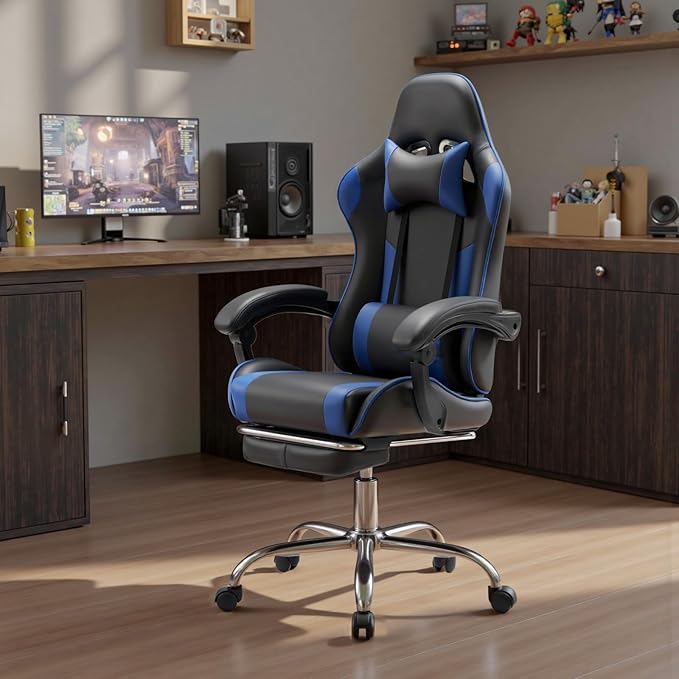 DUMOS Ergonomic Gaming Office Desk Chair with Linkage Armrests for Adults Height Adjustable Computer Chair with Footrest and Headrest PU Leather 360° Swivel Recliner with Lumbar Support Deep Blue