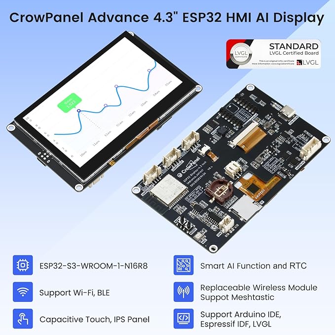ELECROW ESP32 Display 800×480 4.3 HMI Advanced ESP32 IPS Touch Display Support AI Speech Interaction 32-Bit LX7 Dual-Core Processor Up to 240MHz Compatible with Arduino ESP-IDF and LVGL