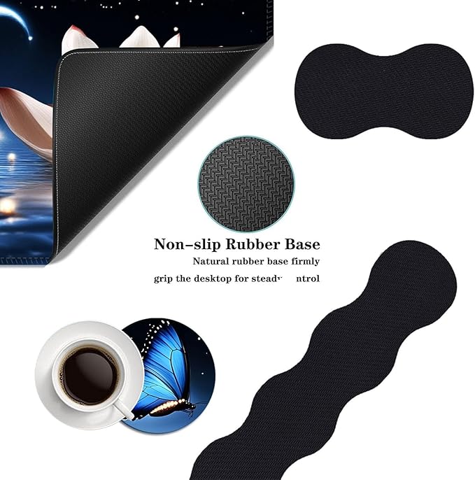 Mouse PadLarge Desk Mat Set 4in1 XL Mousepad + Keyboard Wrist Rest+Mouse Wrist Rest+Coaster with Ergonomic Desk Pad for Home Office Table Computer Cover -Butterfly and Lotus at Night