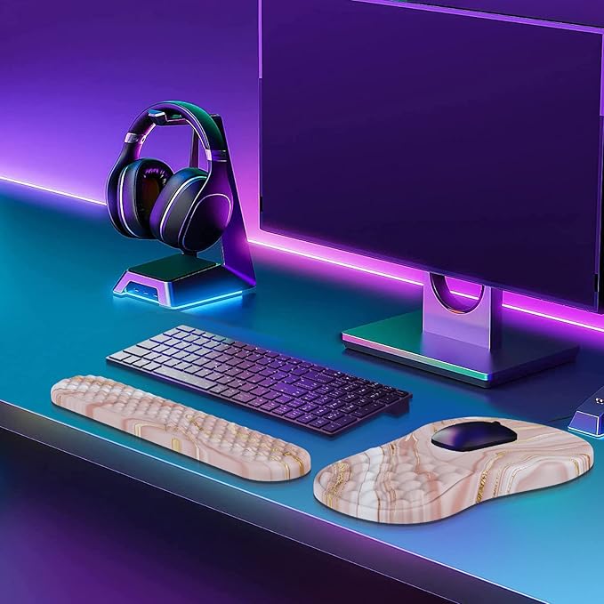 HAOCOO Keyboard Wrist Rest Ergonomic Mouse Pad with Wrist Rest 3 in 1 Keyboard and Mouse pad with Coaster Set Memory Foam Wrist Support Non-Slip PU Base for Home Office Rose Gold Pink
