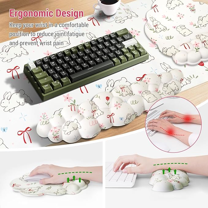 Conmputer Desk Mat Set 4 in 1 Cloud-Shaped Ergonomic Wrist Rest Set Mouse Pad with Non-Slip Base Memory Foam Silicone Lining Keyboard Wrist Rest Computers Offices Gaming Cute White Bunny