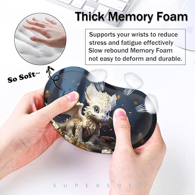 Large Mouse Pad with Mouse Wrist Rest 31.5x11.8 in Extended Mouse Mat with Non-Slip PU Base Ergonomic Memory Foam Wrist Rest for Work &amp Gaming Writing Pad Cute Little White Dragon Office Desk