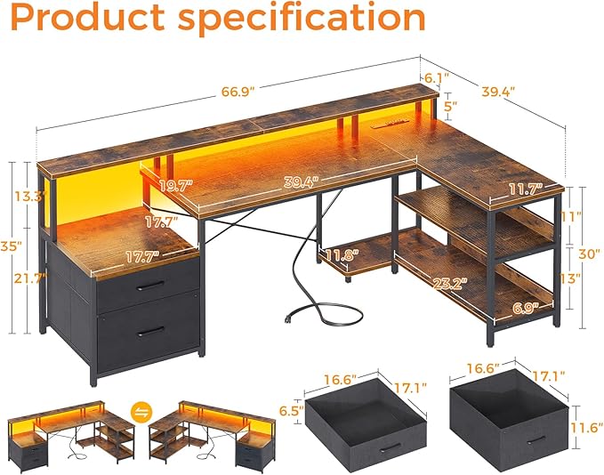 ODK L Shaped Desk with File Drawer 66 Reversible L Shaped Computer Desk with Power Outlet &amp LED Strip Office Desk with Storage Shelves Gaming Desk with Monitor Shelf Corner Desk Vintage