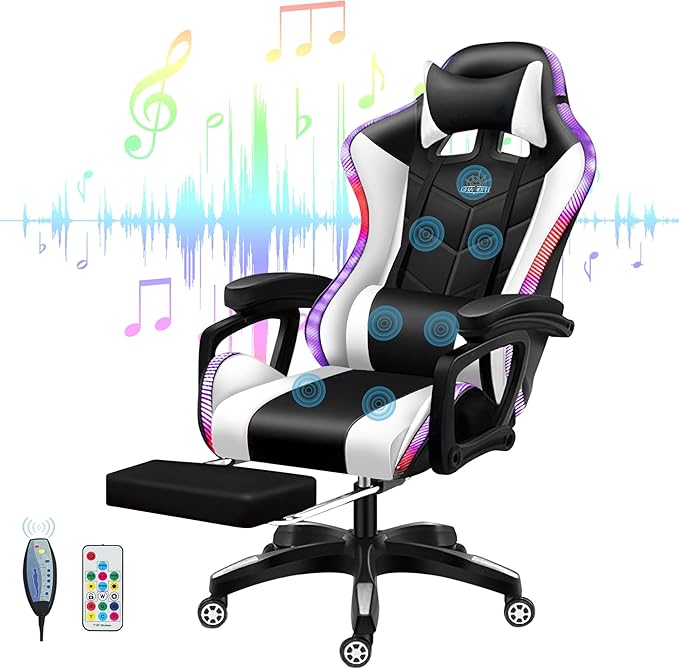 Massage Gaming Chair with Footrest Video Game Chair with Speakers and RGB LED Lights Ergonomic Pro High Back Computer Chair with Headrest &amp Lumbar Support Height Adjustable Office ChairWhite