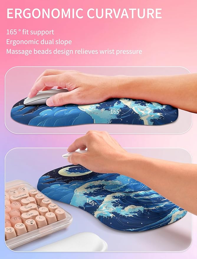 Hokafenle 2in1 Combination Wave Keyboard Wrist Rest and Ergonomic Curvature Mouse Pad Wrist Support for Relieve Wrist Pain Filled with Soft Cushion Memory Foam Crescent Waves
