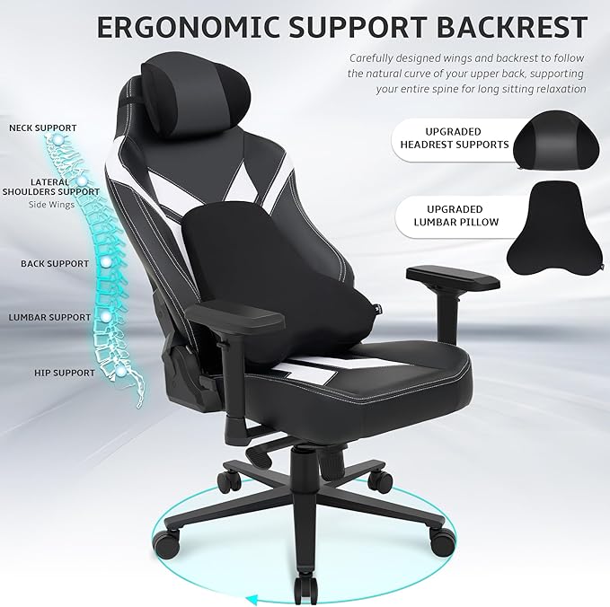 Ergonomic Gaming Chair Wyrdforging Computer Desk Chairs 4D Armrests High Back Office Chair With Headrest &amp Lumbar Pillow Tilt Rocker Recliner Heavy-Duty Base Black PU Leather &amp White Sue