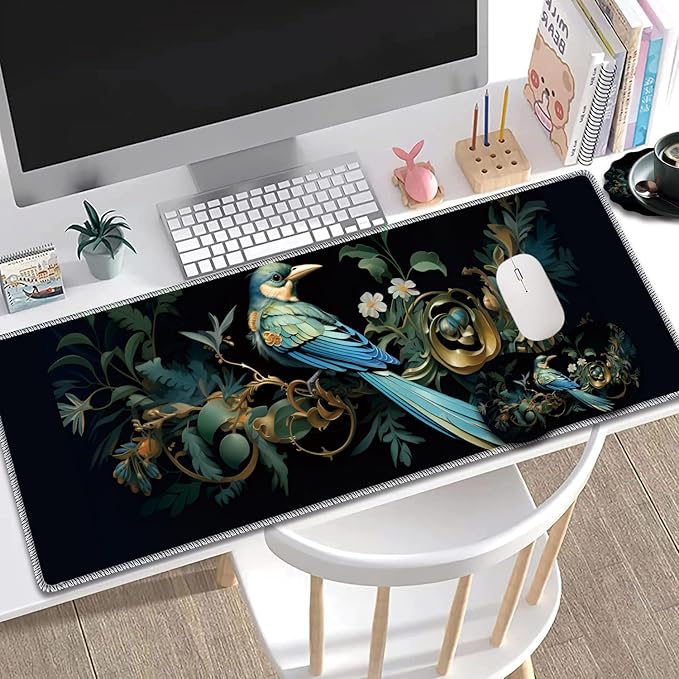 Large Gaming Mouse Pad + Mouse Wrist Rest Pad + Coaster Combination 31.5 x 11.8 Durable Non-Slip Extension Table Mat Suitable for Office and Home Bird Leaf