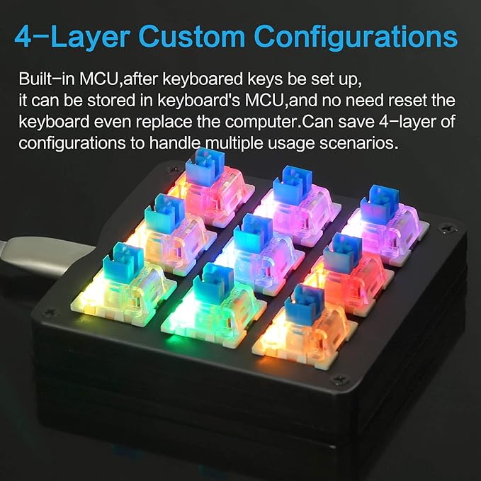 Koolertron One Handed Macro Mechanical Keyboard RGB LED Backlit Portable Mini One-Handed Mechanical Gaming Keypad OSU! Keyboard 9 Fully Programmable Keys Blue Switches