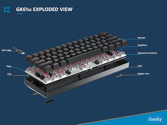 Geeky GK61 SE 60% | Mechanical Gaming Keyboard | 61 Keys Multi Color RGB LED Backlit for PC/Mac Gamer | ANSI US American Layout (White Mechanical Blue)