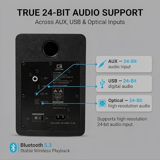 H1 Computer Speakers for Desktop PC Monitor &amp Laptop 60W Powered 2.0 Stereo with Bluetooth 24-Bit USB-C DAC Optical 3.5mm AUX Bass/Treble Control Black