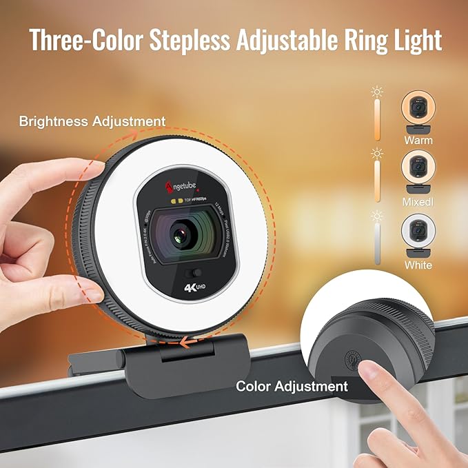 Angetube 4K Webcam with Light for PC: UHD 4K TOF Auto Focus Dual AI Noise-Cancelling Mics 1080p@60FPS USB Streaming Webcam w/Privacy Cover for Laptop/Mac/Desktop/PC Work w/Zoom/Teams/Google Meet