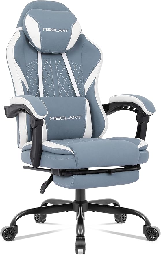 Misolant Gaming Chair Fabric Gamer Chair with footrest for Adults High Back Ergonomic Computer Game Chair with Adjustable Headrest and Massage Lumbar Support 90-155° Recline Free Blue
