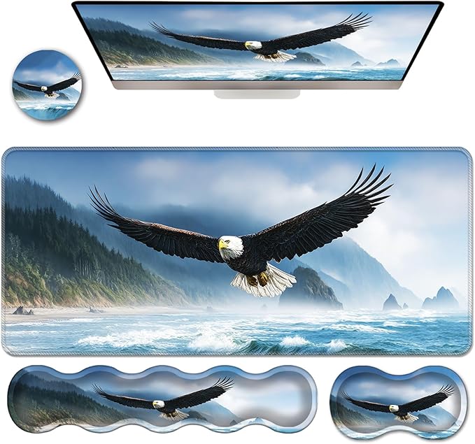Ergonomic Keyboard Wrist Rest &amp Mouse Pad Wrist Rest SetXL Gaming Desk Mat 31.5x 11.8Non-Slip BaseMemory FoamEasy Typing Pain Relief for Office &amp HomeBald Eagle Flying Over Sea
