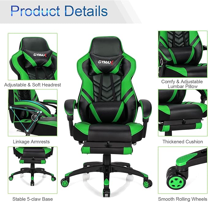 GYMAX Gaming Chair Ergonomic Computer Chair with Footrest Linkage Armrests &amp Lumbar Cushion Big Wide High Back Video Gaming Chair Reclining Office Rolling Chair for Adult/Teens (Green)