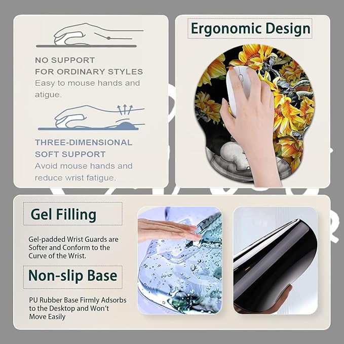Large Mouse Pad Ergonomic Mouse Pad with Wrist Rest and Keyboard Wrist Rest 4 in 1 Set 31.5 x11.8 inch Extended Desk Pad for Home Office Cute Baby Elephant and Sunflowers Black xxl Gaming Mouse Mat