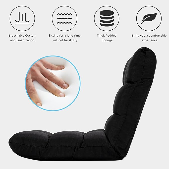 Giantex Adjustable Floor Gaming Sofa Chair 14-Position Cushioned Folding Lazy Recliner High Resilience Sponge Breathable Cotton &amp Linen Fabric Sleeper Bed Couch Recliner with Removable Cover (Bla