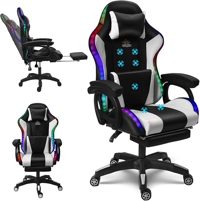 RGB Gaming Chair with Massage and Footrest Large Ergonomic Computer Desk Chair Video Gaming Chair with Speakers and Lumbar Support Height &amp Angles Adjustable Reclining Gamer ChairWhite