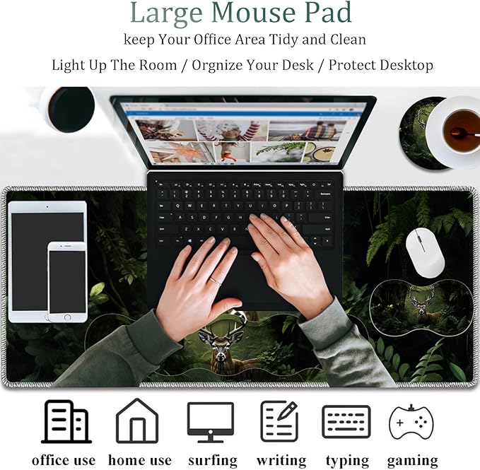 4 in 1 Mouse Pad Combo Large Gaming Mouse Pad + Keyboard Wrist Support + Mouse Wrist Rest + Coaster Table Pad 31.5 x 11.8 with Memory Foam Ergonomic Wrist Pad Set Camouflage Forest Deer