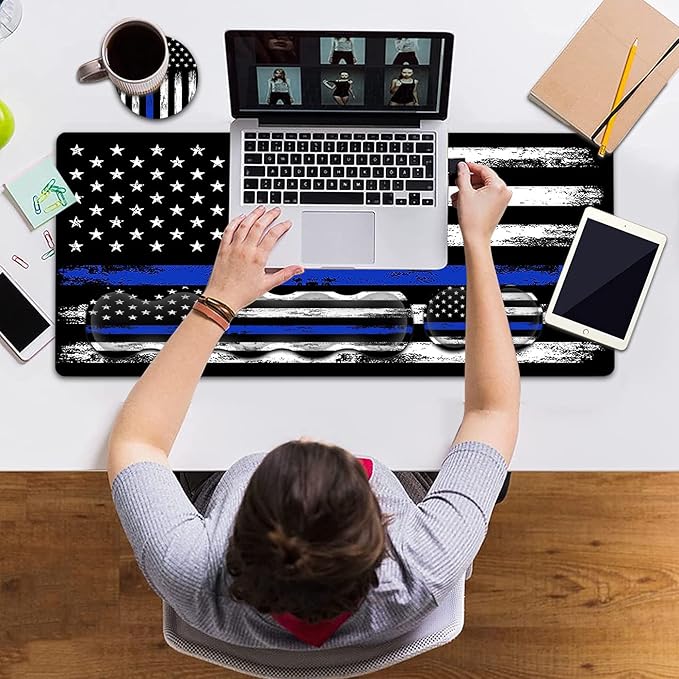 Large Gaming Mouse Pad with Stitched Edges Extended XXL Mousepad Office Desk Pad Writing Pad 31.5 x 11.8 inErgonomic Memory Foam Keyboard Wrist Rest SupportRetro Blue Line American Flag Desk Mat
