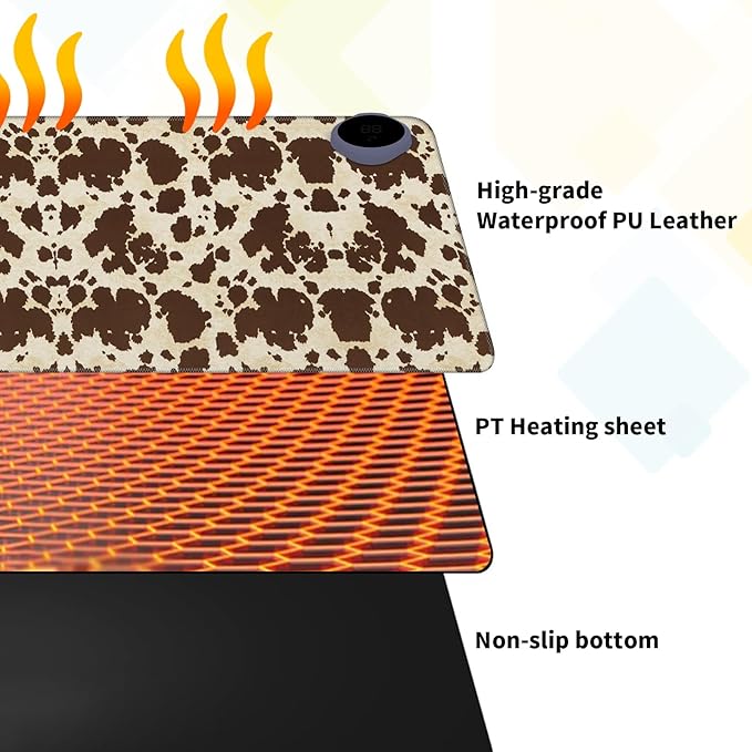 Warm Desk Pad Warm Mouse Pad Gaming Office Desk Matwith 3 Levels Heated &amp 3 Hours Auto Shut - 23.6 x 14.2 inch PU Leather Laptop Keyboard Mat for Home Office Hand WarmerBrown Cow Print Pattern