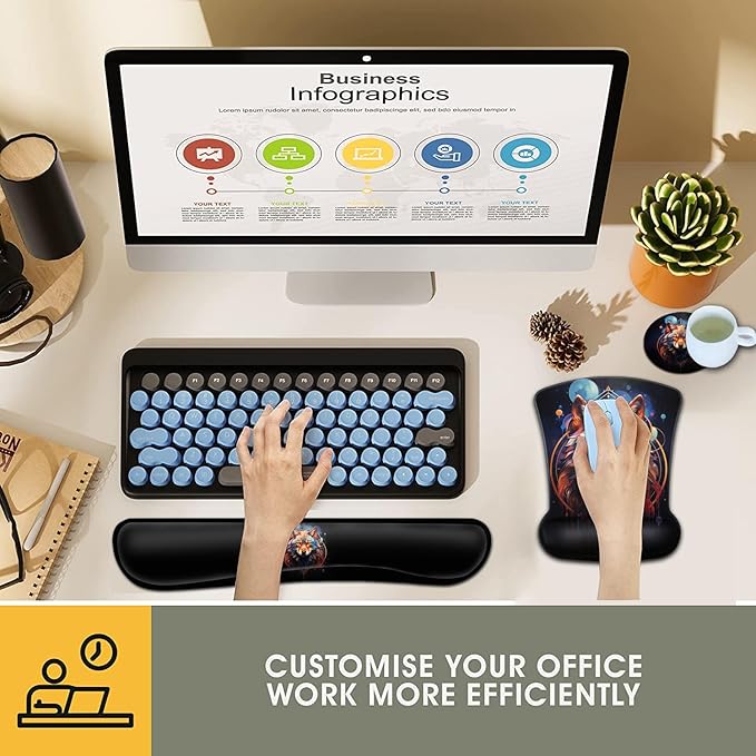 Keyboard Wrist Rest and Mouse Pad Wrist Support Set Ergonomic Gel Mouse Pad Wrist Rest with Non-Slip Base for Home Office Desk Pad Easy Typing Nebula Wolf Pattern Black Gaming Mouse Mat
