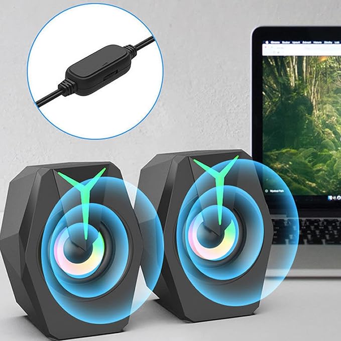 Wired SpeakerUSB Computer Speakers with RGB Lights Mini Portable Soundbar with 3D Surround Stereo and Play Anti-Slip Design USB Powered Laptop Speakers for Desktop Laptop PC(Black)