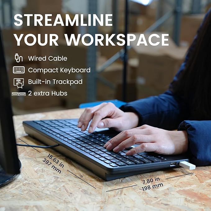 Perixx PERIBOARD-534 US Wired Compact USB Keyboard with Touchpad - X Type Scissor Keys - 15.63x7.80x1.18 inches - Build-in 2 USB Hubs and Number Pad