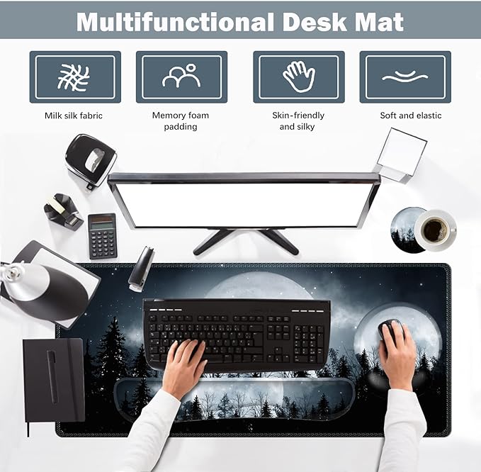 ARTSO Large Mouse Pad Ergonomic Keyboard Wrist Rest Support Memory Foam Extended Desk Mat Protector Non-Slip Desk Blotter for Office Home Night Moon Forest