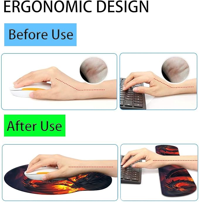 Keyboard Wrist Rest and Mouse Pad Wrist Support Set with CoastersErgonomic Gaming Mousepad for Home Office Working Studying Easy Typing &amp Pain ReliefFire Dragon