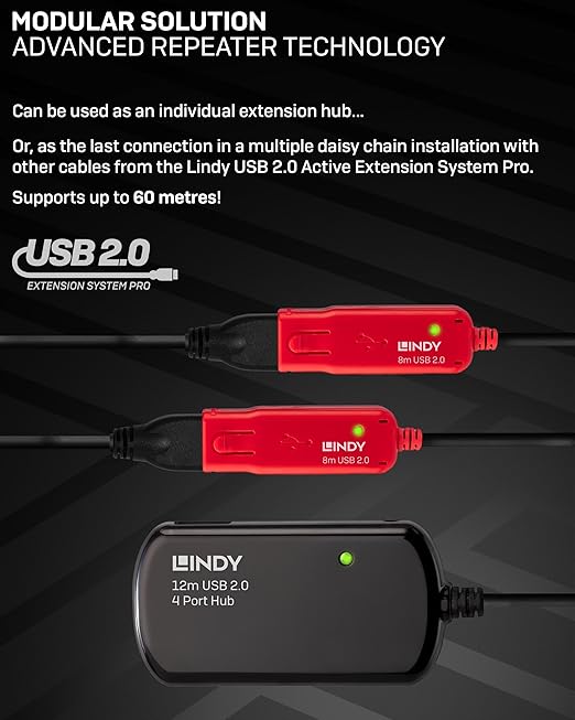 LINDY 12 Meter USB 2.0 Active Extension Pro 4 Port Hub (42783)